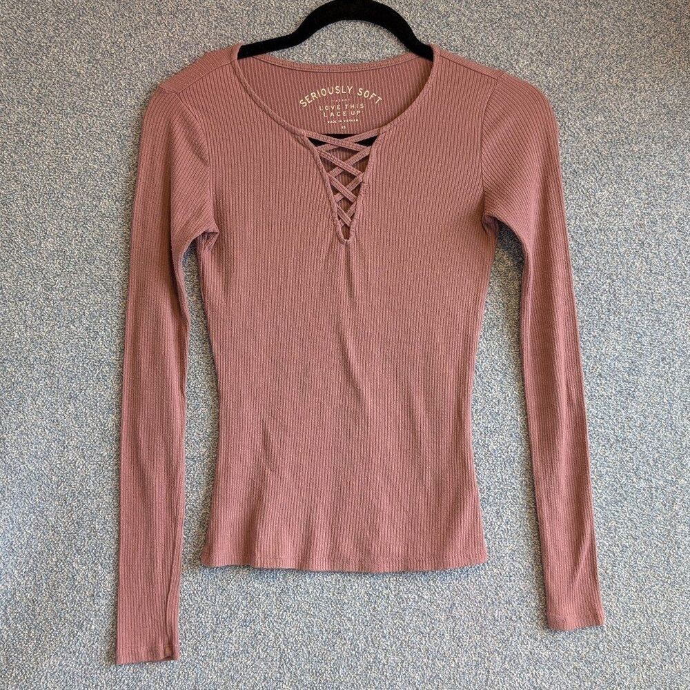 Aeropostale Women's Size XS Seriously Soft Love This Lace Up Pink Ribbed Shirt